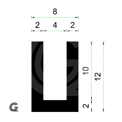 Rubber U Profiel | binnenmaat 4 mm | hoogte 12 mm | dikte 2 mm | Per Meter